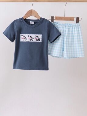 Navy Cow Appliqué Kids Pajama Set with Light Blue Gingham Shorts